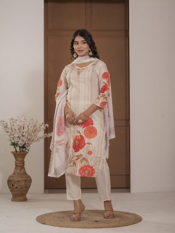 Ivory Cotton Silk Floral Print Suit with Dupatta ethnic wear for women, festive ethnic wear, festive suit set, lightweight silk blend suit, silk blend suit set, silk kurta set, women’s silk suit 