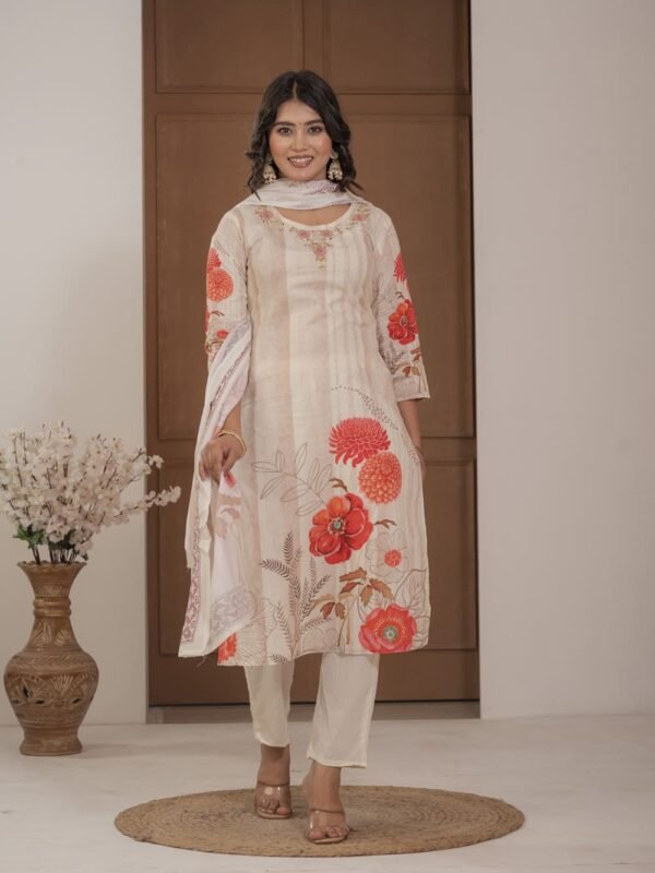 Ivory Cotton Silk Floral Print Suit with Dupatta ethnic wear for women, festive ethnic wear, festive suit set, lightweight silk blend suit, silk blend suit set, silk kurta set, women’s silk suit 