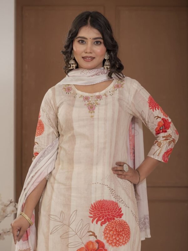 Ivory Cotton Silk Floral Print Suit with Dupatta ethnic wear for women, festive ethnic wear, festive suit set, lightweight silk blend suit, silk blend suit set, silk kurta set, women’s silk suit 