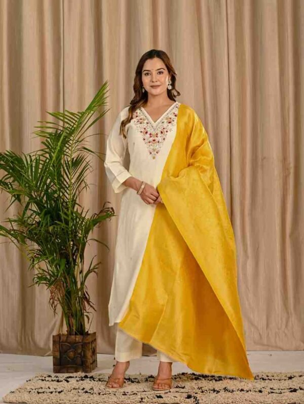 Banarasi Dupatta Suit with Mirror Embroidery ethnic wear for women, festive ethnic wear, festive suit set, lightweight silk blend suit, silk blend suit set, silk kurta set, women’s silk suit Banarasi Dupatta Suit with Mirror Embroidery ethnic wear for women, festive ethnic wear, festive suit set, lightweight silk blend suit, silk blend suit set, silk kurta set, women’s silk suit