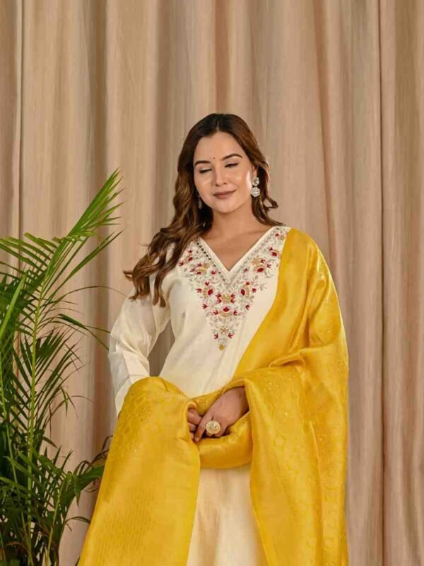 Banarasi Dupatta Suit with Mirror Embroidery ethnic wear for women, festive ethnic wear, festive suit set, lightweight silk blend suit, silk blend suit set, silk kurta set, women’s silk suit Banarasi Dupatta Suit with Mirror Embroidery ethnic wear for women, festive ethnic wear, festive suit set, lightweight silk blend suit, silk blend suit set, silk kurta set, women’s silk suit