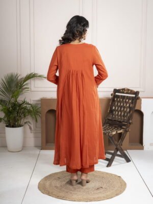 Rust Orange Cotton Anarkali Suit Set with Floral Embroidery