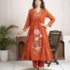 Rust Orange Cotton Anarkali Suit Set with Floral Embroidery ethnic wear for women, festive ethnic wear, festive suit set, lightweight silk blend suit, silk blend suit set, silk kurta set, women’s silk suit 