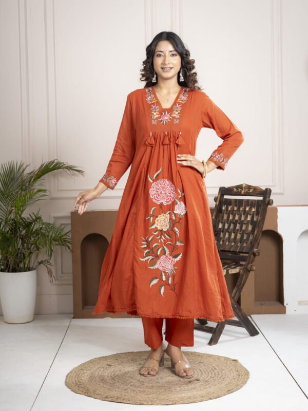 Rust Orange Cotton Anarkali Suit Set with Floral Embroidery ethnic wear for women, festive ethnic wear, festive suit set, lightweight silk blend suit, silk blend suit set, silk kurta set, women’s silk suit 