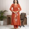 Rust Orange Cotton Anarkali Suit Set with Floral Embroidery ethnic wear for women, festive ethnic wear, festive suit set, lightweight silk blend suit, silk blend suit set, silk kurta set, women’s silk suit 
