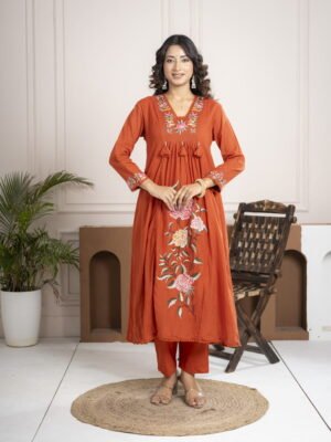 Rust Orange Cotton Anarkali Suit Set with Floral Embroidery ethnic wear for women, festive ethnic wear, festive suit set, lightweight silk blend suit, silk blend suit set, silk kurta set, women’s silk suit 