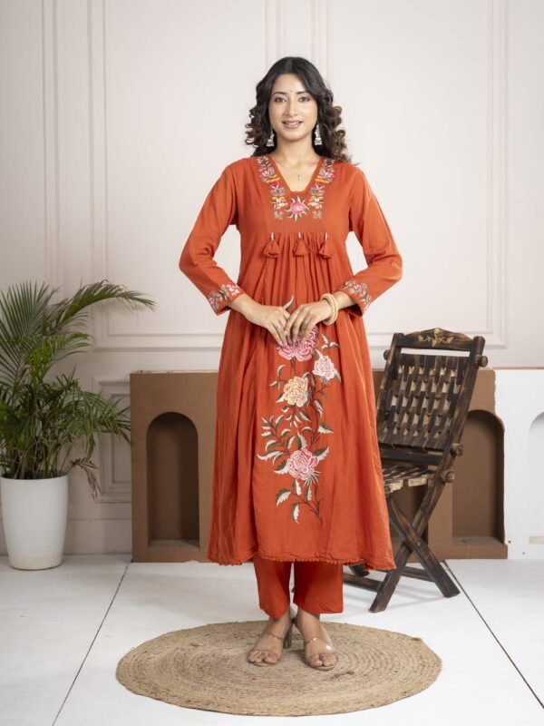 Rust Orange Cotton Anarkali Suit Set with Floral Embroidery ethnic wear for women, festive ethnic wear, festive suit set, lightweight silk blend suit, silk blend suit set, silk kurta set, women’s silk suit 