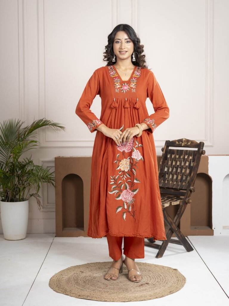 Rust Orange Cotton Anarkali Suit Set with Floral Embroidery ethnic wear for women, festive ethnic wear, festive suit set, lightweight silk blend suit, silk blend suit set, silk kurta set, women’s silk suit 