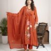 Rust Orange Cotton Anarkali Suit Set with Floral Embroidery ethnic wear for women, festive ethnic wear, festive suit set, lightweight silk blend suit, silk blend suit set, silk kurta set, women’s silk suit 