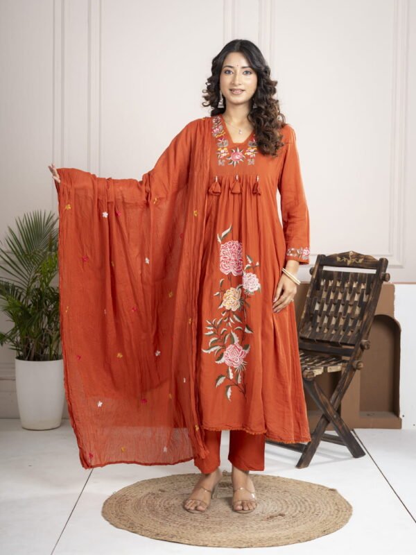 Rust Orange Cotton Anarkali Suit Set with Floral Embroidery ethnic wear for women, festive ethnic wear, festive suit set, lightweight silk blend suit, silk blend suit set, silk kurta set, women’s silk suit 