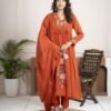 Rust Orange Cotton Anarkali Suit Set with Floral Embroidery ethnic wear for women, festive ethnic wear, festive suit set, lightweight silk blend suit, silk blend suit set, silk kurta set, women’s silk suit 