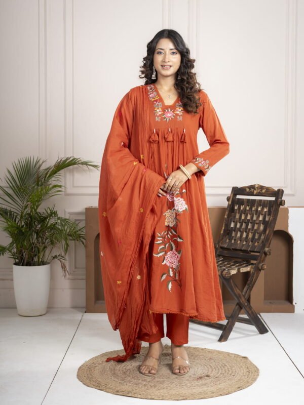 Rust Orange Cotton Anarkali Suit Set with Floral Embroidery ethnic wear for women, festive ethnic wear, festive suit set, lightweight silk blend suit, silk blend suit set, silk kurta set, women’s silk suit 