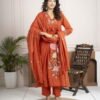 Rust Orange Cotton Anarkali Suit Set with Floral Embroidery ethnic wear for women, festive ethnic wear, festive suit set, lightweight silk blend suit, silk blend suit set, silk kurta set, women’s silk suit 