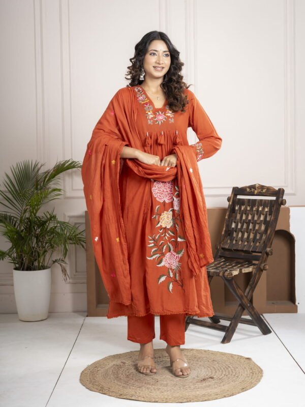 Rust Orange Cotton Anarkali Suit Set with Floral Embroidery ethnic wear for women, festive ethnic wear, festive suit set, lightweight silk blend suit, silk blend suit set, silk kurta set, women’s silk suit 