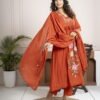Rust Orange Cotton Anarkali Suit Set with Floral Embroidery ethnic wear for women, festive ethnic wear, festive suit set, lightweight silk blend suit, silk blend suit set, silk kurta set, women’s silk suit 