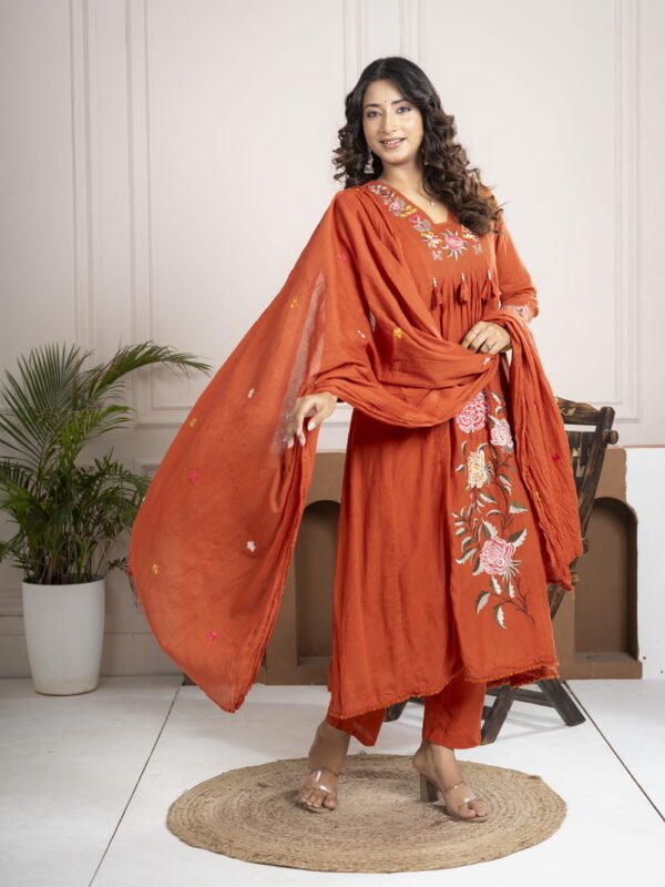 Rust Orange Cotton Anarkali Suit Set with Floral Embroidery ethnic wear for women, festive ethnic wear, festive suit set, lightweight silk blend suit, silk blend suit set, silk kurta set, women’s silk suit 
