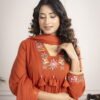 Rust Orange Cotton Anarkali Suit Set with Floral Embroidery ethnic wear for women, festive ethnic wear, festive suit set, lightweight silk blend suit, silk blend suit set, silk kurta set, women’s silk suit 