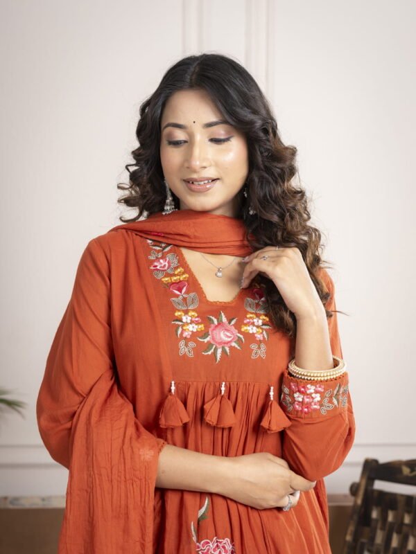Rust Orange Cotton Anarkali Suit Set with Floral Embroidery ethnic wear for women, festive ethnic wear, festive suit set, lightweight silk blend suit, silk blend suit set, silk kurta set, women’s silk suit 