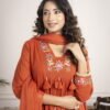 Rust Orange Cotton Anarkali Suit Set with Floral Embroidery ethnic wear for women, festive ethnic wear, festive suit set, lightweight silk blend suit, silk blend suit set, silk kurta set, women’s silk suit 