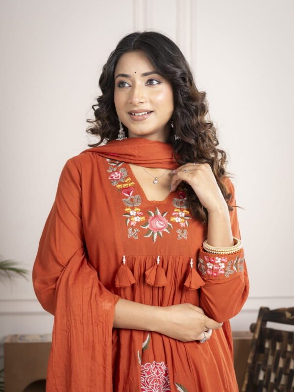 Rust Orange Cotton Anarkali Suit Set with Floral Embroidery ethnic wear for women, festive ethnic wear, festive suit set, lightweight silk blend suit, silk blend suit set, silk kurta set, women’s silk suit 
