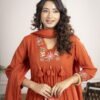 Rust Orange Cotton Anarkali Suit Set with Floral Embroidery ethnic wear for women, festive ethnic wear, festive suit set, lightweight silk blend suit, silk blend suit set, silk kurta set, women’s silk suit 