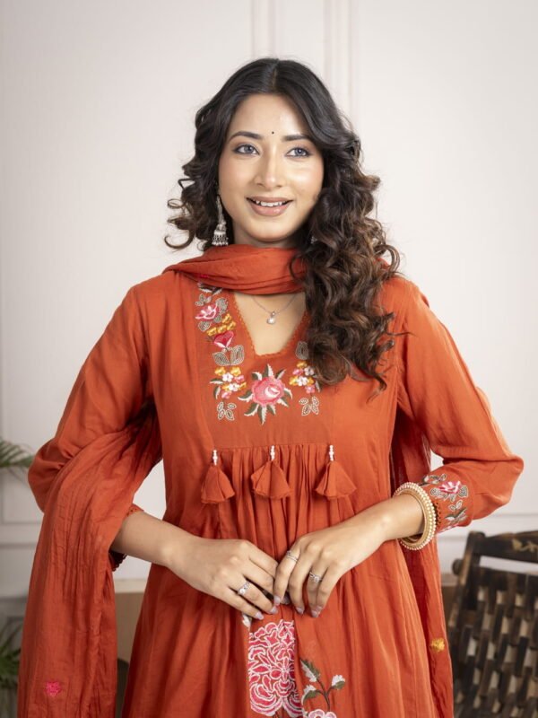 Rust Orange Cotton Anarkali Suit Set with Floral Embroidery ethnic wear for women, festive ethnic wear, festive suit set, lightweight silk blend suit, silk blend suit set, silk kurta set, women’s silk suit 