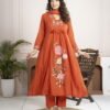 Rust Orange Cotton Anarkali Suit Set with Floral Embroidery ethnic wear for women, festive ethnic wear, festive suit set, lightweight silk blend suit, silk blend suit set, silk kurta set, women’s silk suit 