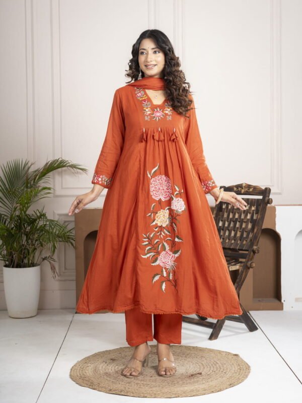 Rust Orange Cotton Anarkali Suit Set with Floral Embroidery ethnic wear for women, festive ethnic wear, festive suit set, lightweight silk blend suit, silk blend suit set, silk kurta set, women’s silk suit 
