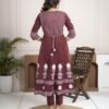 Regal Wine Anarkali Set with Hand Embroidery ethnic wear for women, festive ethnic wear, festive suit set, lightweight silk blend suit, silk blend suit set, silk kurta set, women’s silk suit 