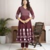 Regal Wine Anarkali Set with Hand Embroidery ethnic wear for women, festive ethnic wear, festive suit set, lightweight silk blend suit, silk blend suit set, silk kurta set, women’s silk suit 