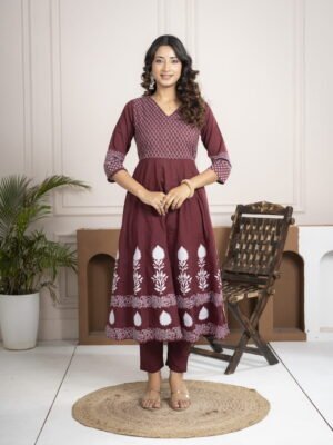 Regal Wine Anarkali Set with Hand Embroidery ethnic wear for women, festive ethnic wear, festive suit set, lightweight silk blend suit, silk blend suit set, silk kurta set, women’s silk suit 