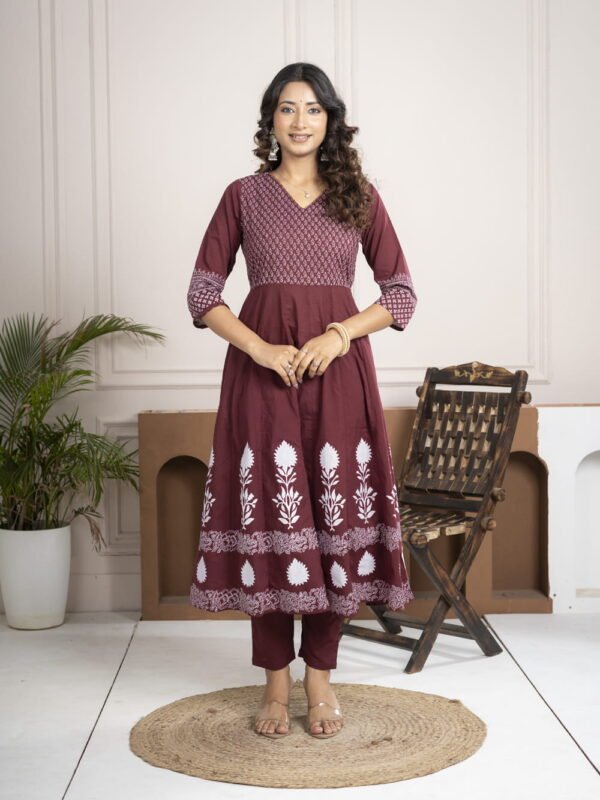 Regal Wine Anarkali Set with Hand Embroidery ethnic wear for women, festive ethnic wear, festive suit set, lightweight silk blend suit, silk blend suit set, silk kurta set, women’s silk suit 