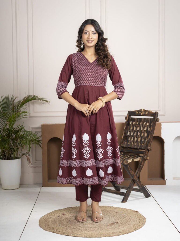 Regal Wine Anarkali Set with Hand Embroidery ethnic wear for women, festive ethnic wear, festive suit set, lightweight silk blend suit, silk blend suit set, silk kurta set, women’s silk suit 