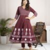 Regal Wine Anarkali Set with Hand Embroidery ethnic wear for women, festive ethnic wear, festive suit set, lightweight silk blend suit, silk blend suit set, silk kurta set, women’s silk suit 