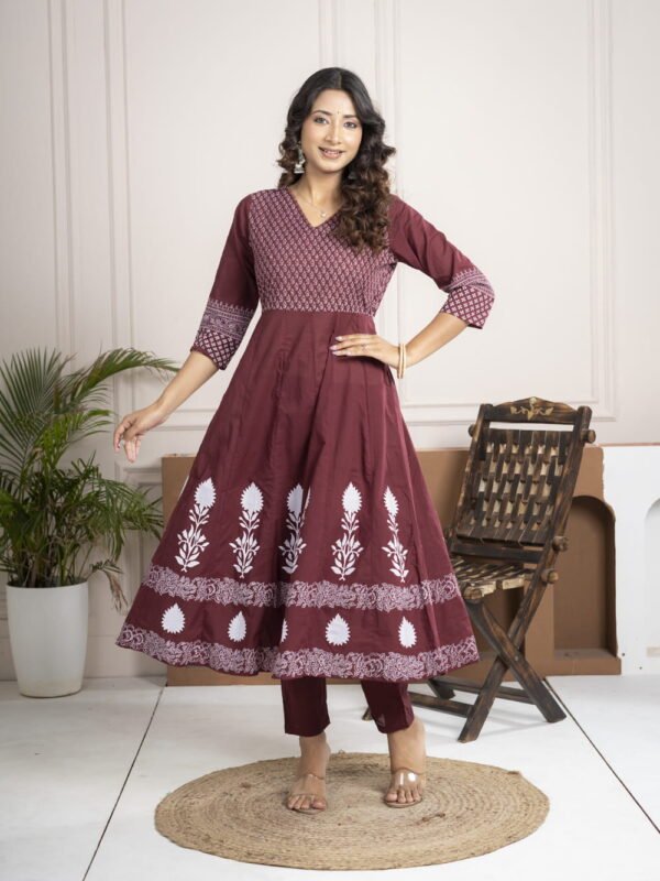 Regal Wine Anarkali Set with Hand Embroidery ethnic wear for women, festive ethnic wear, festive suit set, lightweight silk blend suit, silk blend suit set, silk kurta set, women’s silk suit 