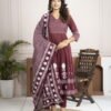 Regal Wine Anarkali Set with Hand Embroidery ethnic wear for women, festive ethnic wear, festive suit set, lightweight silk blend suit, silk blend suit set, silk kurta set, women’s silk suit 