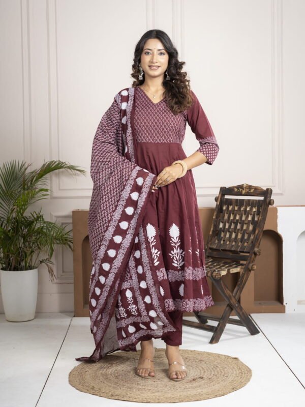 Regal Wine Anarkali Set with Hand Embroidery ethnic wear for women, festive ethnic wear, festive suit set, lightweight silk blend suit, silk blend suit set, silk kurta set, women’s silk suit 