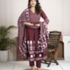 Regal Wine Anarkali Set with Hand Embroidery ethnic wear for women, festive ethnic wear, festive suit set, lightweight silk blend suit, silk blend suit set, silk kurta set, women’s silk suit 