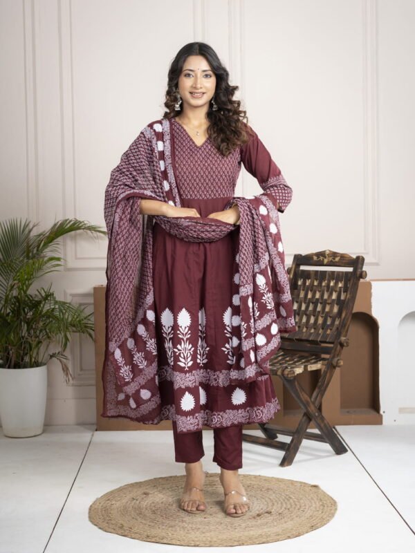 Regal Wine Anarkali Set with Hand Embroidery ethnic wear for women, festive ethnic wear, festive suit set, lightweight silk blend suit, silk blend suit set, silk kurta set, women’s silk suit 