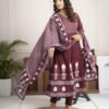 Regal Wine Anarkali Set with Hand Embroidery ethnic wear for women, festive ethnic wear, festive suit set, lightweight silk blend suit, silk blend suit set, silk kurta set, women’s silk suit 