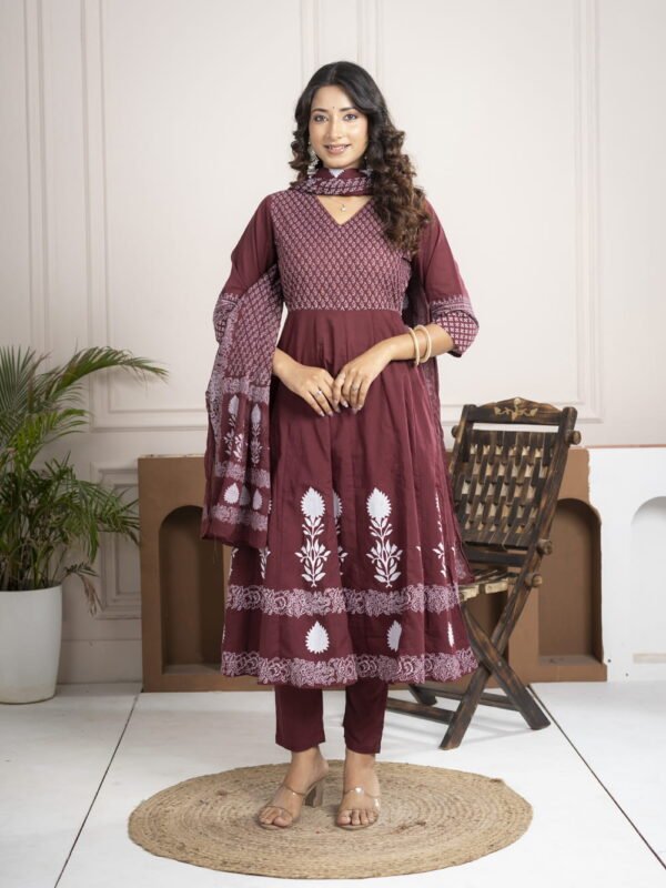 Regal Wine Anarkali Set with Hand Embroidery ethnic wear for women, festive ethnic wear, festive suit set, lightweight silk blend suit, silk blend suit set, silk kurta set, women’s silk suit 