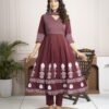 Regal Wine Anarkali Set with Hand Embroidery ethnic wear for women, festive ethnic wear, festive suit set, lightweight silk blend suit, silk blend suit set, silk kurta set, women’s silk suit 