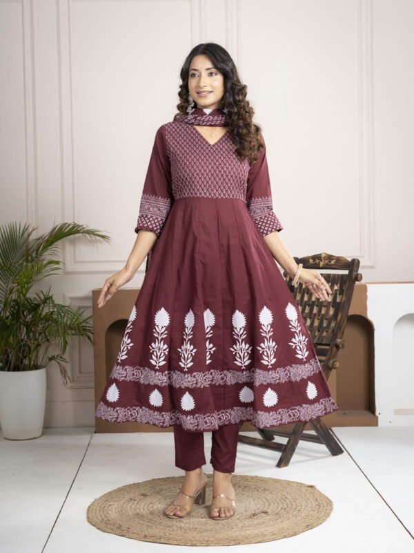 Regal Wine Anarkali Set with Hand Embroidery ethnic wear for women, festive ethnic wear, festive suit set, lightweight silk blend suit, silk blend suit set, silk kurta set, women’s silk suit 