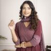 Regal Wine Anarkali Set with Hand Embroidery ethnic wear for women, festive ethnic wear, festive suit set, lightweight silk blend suit, silk blend suit set, silk kurta set, women’s silk suit 