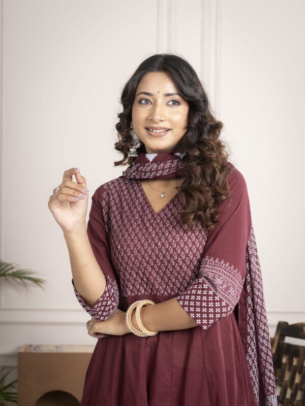 Regal Wine Anarkali Set with Hand Embroidery ethnic wear for women, festive ethnic wear, festive suit set, lightweight silk blend suit, silk blend suit set, silk kurta set, women’s silk suit 