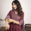 Regal Wine Anarkali Set with Hand Embroidery ethnic wear for women, festive ethnic wear, festive suit set, lightweight silk blend suit, silk blend suit set, silk kurta set, women’s silk suit 