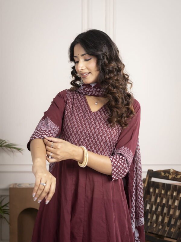Regal Wine Anarkali Set with Hand Embroidery ethnic wear for women, festive ethnic wear, festive suit set, lightweight silk blend suit, silk blend suit set, silk kurta set, women’s silk suit 