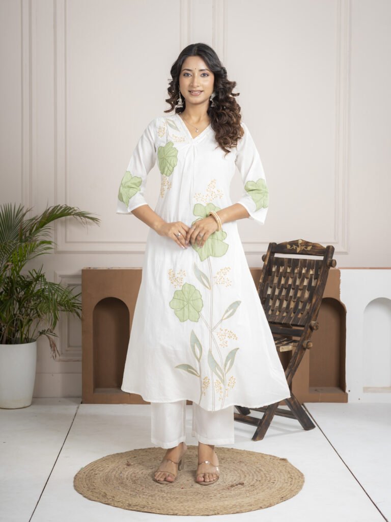 Noor White Hand-Embroidered Suit Set ethnic wear for women, festive ethnic wear, festive suit set, lightweight silk blend suit, silk blend suit set, silk kurta set, women’s silk suit 