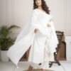 White Cotton Mulmul A-Line Suit Set with Hand Embroidery ethnic wear for women, festive ethnic wear, festive suit set, lightweight silk blend suit, silk blend suit set, silk kurta set, women’s silk suit 