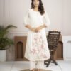 White Cotton Mulmul A-Line Suit Set with Hand Embroidery ethnic wear for women, festive ethnic wear, festive suit set, lightweight silk blend suit, silk blend suit set, silk kurta set, women’s silk suit 